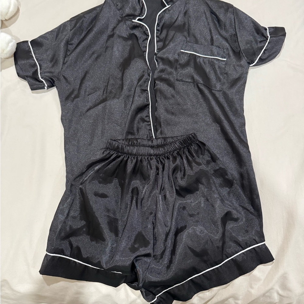 Black Satin Pajama Set with White Trim